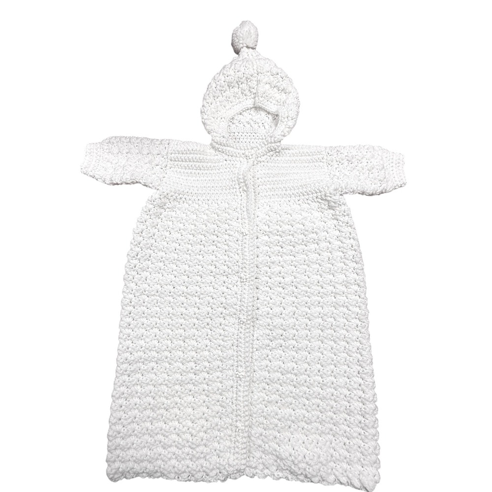 Handmade White Crocheted‎ Baby Bunting Coat | Newborn Infant Hooded Cocoon